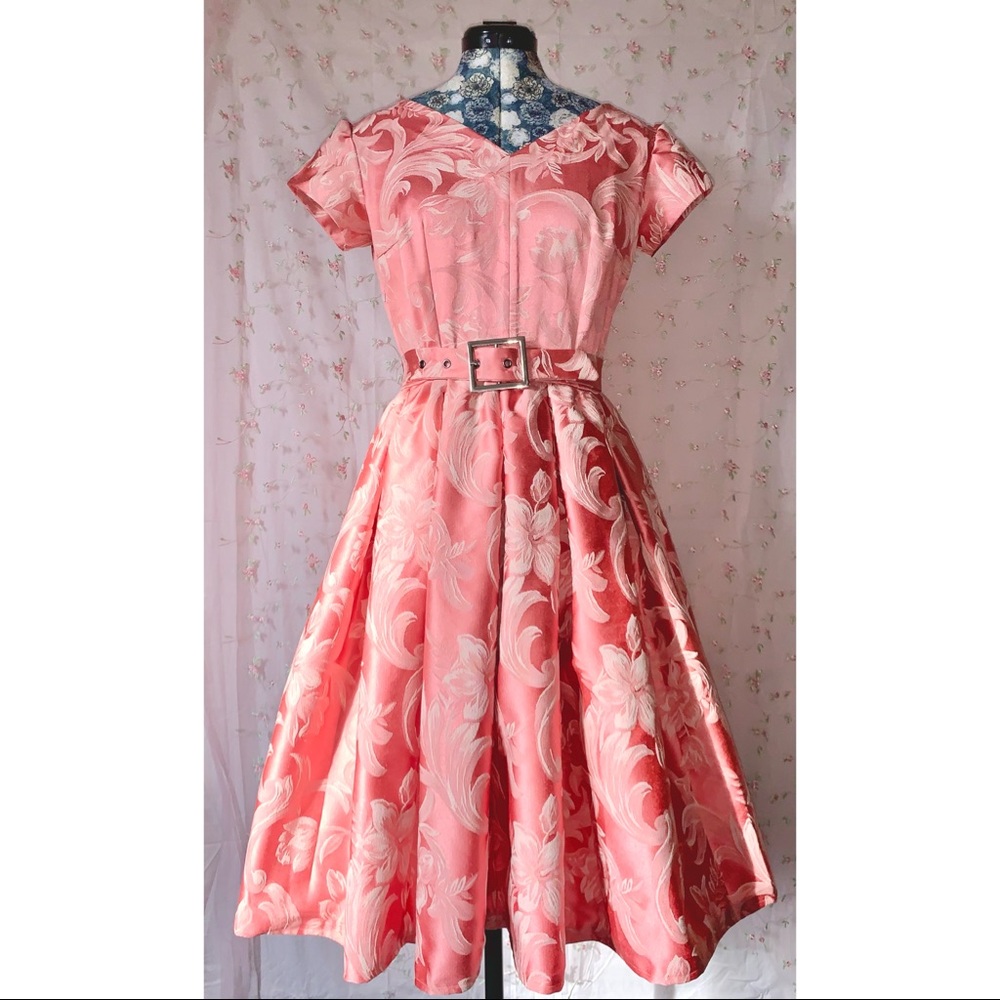 Vintage-Inspired Coral Pink Floral Fit & Flare Dress with Belt